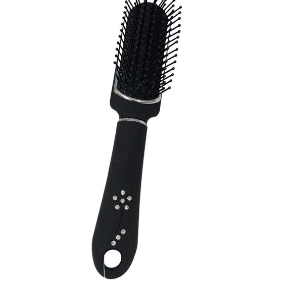 Pro Salon Flat Hair Brush TEASE STYLING Black RHINESTONES Handle Fancy 7" Hairdo - Picture 2 of 10